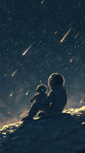 兩名太空人坐在岩石上觀看流星穿過星空