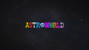 色彩繽紛的 'ASTROWORLD' 標誌，地球在 O 的位置，背景是星空。