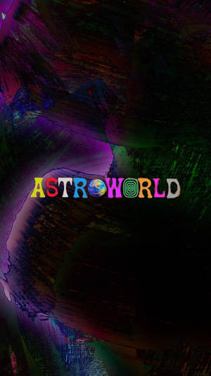 色彩繽紛的「ASTROWORLD」文字，帶有地球儀和螺旋字母，背景為深色抽象筆觸。