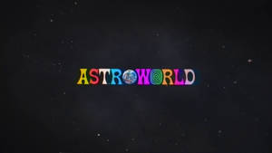 色彩繽紛的AstroWorld標誌，背景為星空太空，地球位於中央。