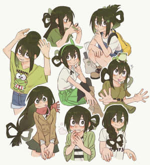 深色頭髮的動漫女孩，各種姿勢和服裝，帶有青蛙圖案。 — Honor Magic V 壁紙
