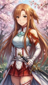 穿著紅白盔甲的動漫女孩在櫻花下拿著劍
