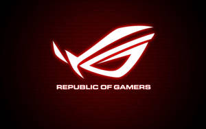 發光的 ROG 標誌，帶有 Republic of Gamers 文字，背景為深紅色二進制。