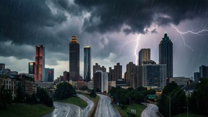 暴風雨下的城市天際線，閃電在摩天大樓之間劈下，雨水落在濕漉漉的道路上。