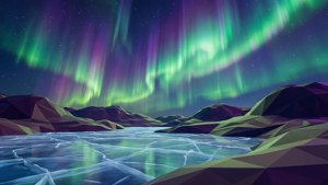 星空下多邊形山脈上方的冰凍湖與極光
