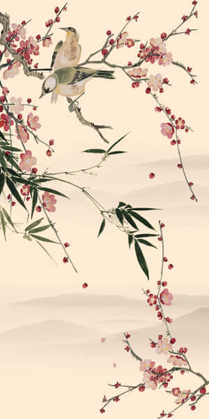 兩隻鳥在梅花枝上，背景有竹子和霧氣繚繞的山巒。