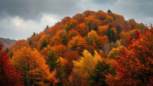 山坡上覆蓋著秋天的樹木，樹葉呈橙色、紅色和黃色，天空灰雲密佈