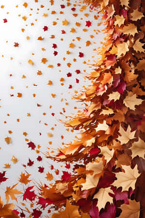 紅色、橙色和金色的秋葉沿白色背景對角線傾瀉而下