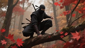身穿黑色裝備的忍者蹲在樹枝上，有紅色楓葉在霧氣森林中