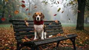 戴紅色圍巾的比格犬坐在木長椅上，被霧氣公園中飄落的秋葉環繞