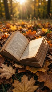 一本打開的書本放在陽光明媚的森林中的落葉上。