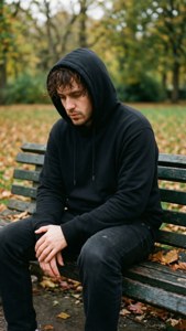 一個穿著黑色連帽衫的男人坐在公園的長椅上，周圍是落葉。