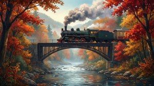 一列蒸汽火車穿過秋葉中的石橋，橋下是河流。
