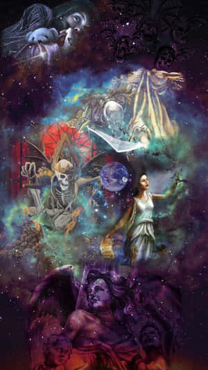 天體和骷髏在充滿星星和行星的鮮豔宇宙星雲中漂浮。