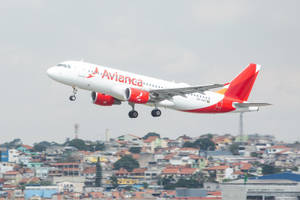 Avianca 客機在住宅區上空爬升。