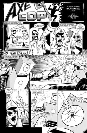 Axe Cop 在漫畫格中與一隻抱著獨角獸寶寶的巨型機械人戰鬥。