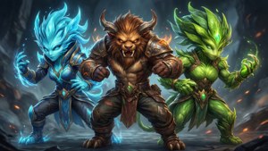 三位奇幻戰士的戰鬥姿勢：藍色法師、有角獸人、樹葉綠德魯伊。