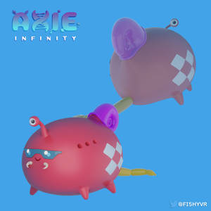 兩隻 Axie Infinity 生物漂浮，一隻粉紅色戴太陽眼鏡，一隻紫色帶格仔圖案。 — 攻殼機動隊 GIF 壁紙