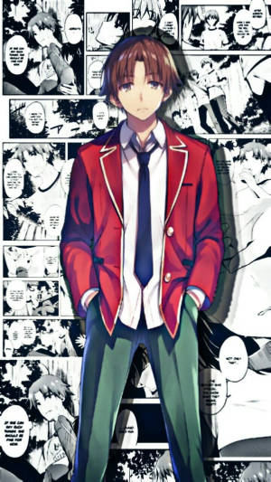 穿著紅色西裝外套的動漫男孩站在漫畫格前。 — 黑川伊佐那 壁紙