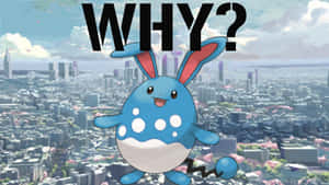 藍色斑點兔寶可夢漂浮在城市上空，有櫻花和「WHY?」文字。 — 可愛寵物小精靈 壁紙