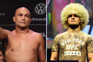 兩名男性UFC拳手在稱重時，一人赤裸上身，另一人身穿紐約UFC襯衫並戴著蓬鬆帽子。 — 搏擊會 GIF 壁紙