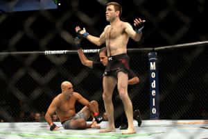 MMA拳手在八角籠中戰勝對手，站立勝利。 — 搏擊會 GIF 壁紙