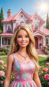 芭比穿著碎花裙，站在有玫瑰的粉紅色大宅前。