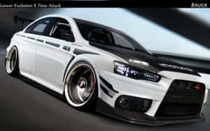 白色三菱Lancer Evolution X賽車，帶有黑色碳纖維細節，在隧道中疾馳。 — Steam Deck 壁紙