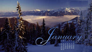 1月日曆在白雪覆蓋的山景上，有常綠樹。