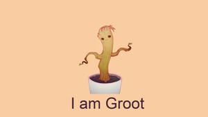 一個微笑的卡通樹角色在白色花盆中，帶有文字 I am Groot。 — 小樹懶gif 壁紙