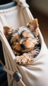 一隻細小的約克夏㹴幼犬在米色嬰兒揹帶中熟睡。