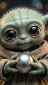 綠色皮膚、大眼睛的嬰兒外星人手持閃亮的銀色球體。