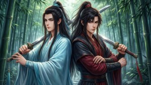 兩位身穿盔甲的戰士手持劍在竹林中背靠背站立