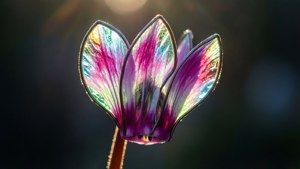 一朵玻璃花，帶有彩虹色紫、綠、金色調，在陽光下逆光。