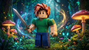 Roblox角色手持劍站在發光的魔法森林中，有巨型蘑菇