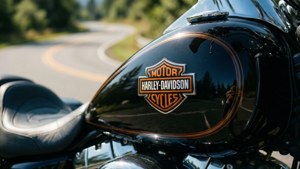 黑色Harley-Davidson電單車油缸，帶有橙色標誌，在蜿蜒道路上反射樹木。