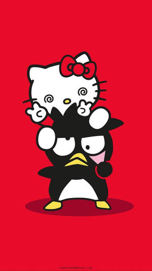 Hello Kitty 和 Pucca 在紅色背景上擺出俏皮的姿勢。