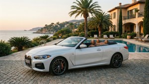 白色BMW開篷車停在游泳池邊，有棕櫚樹和海景，夕陽西下。