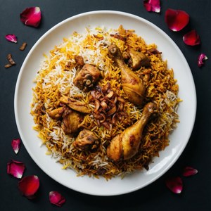一碟雞肉印度香飯配玫瑰花瓣，黑色背景。