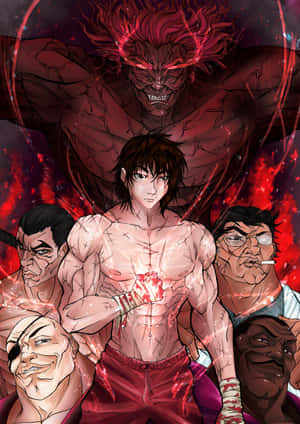 胸口發光的動漫戰士面對惡魔實體和敵對人群。