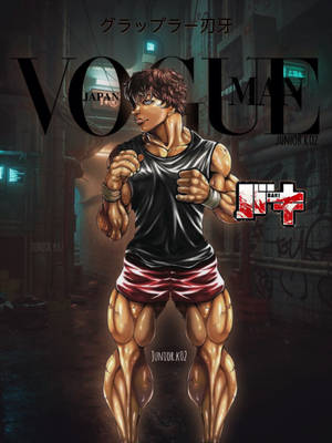 動漫戰士穿著紅色短褲，在霓虹燈照亮的小巷中擺姿勢，帶有「Vogue Man」文字。