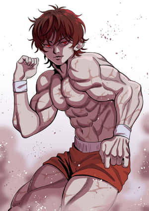 動漫男性戰士，紅眼睛和棕色頭髮，穿著紅色短褲，擺出戰鬥姿勢。