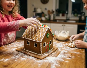 孩子們在鋪滿麵粉的桌子上用糖霜和糖果裝飾薑餅屋。