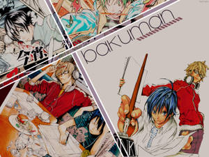 Bakuman 動漫角色在漫畫格中，與美術用品和食物一起。 — 轟爆出久 壁紙