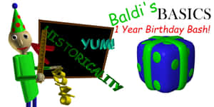 Baldi 手持寫有「HISTORICALITY YUM!」的黑板，旁邊有一個藍綠色的禮物立方體，為他的週年生日派對。 — 恐怖 壁紙