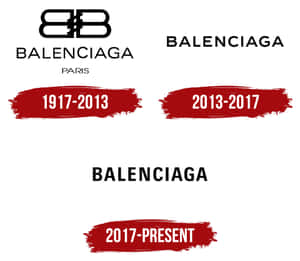 Balenciaga 標誌時間線從 1917 年至今，帶有紅色筆觸日期標記。