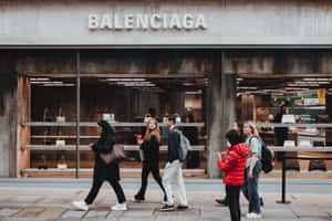人們走過 Balenciaga 商店，玻璃櫥窗內展示著奢華手袋。