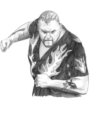 鉛筆素描中帶有紋身和火焰襯衫的憤怒摔角手。 — 摔角 GIF 壁紙
