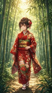 一個身穿紅色花卉和服的女孩沿著竹林小徑行走，陽光穿過綠色的竹竿。