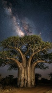 一棵大猴麵包樹在星空下，銀河可見